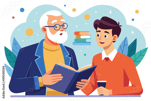 Professional discussion between a young man and an older gentleman in an office setting, showcasing collaboration and knowledge sharing during daytime hours