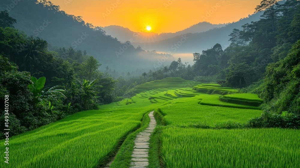 Fototapeta premium Misty Sunrise over Terraced Rice Paddies