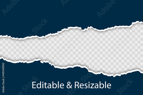 Piece of torn black horizontal paper with soft shadow stuck on white squared background. Vector illustration