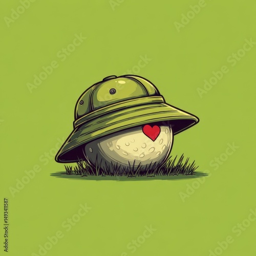 Golf ball wearing pith helmet with heart cartoon illustration on green background close up studio shot