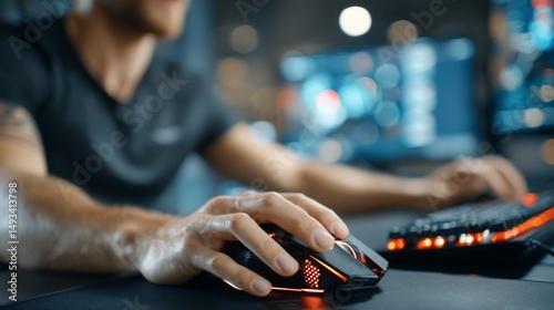 Close-Up of a Gamer's Hand on a High-Tech Mouse with LED Lighting in a Modern Gaming Environment