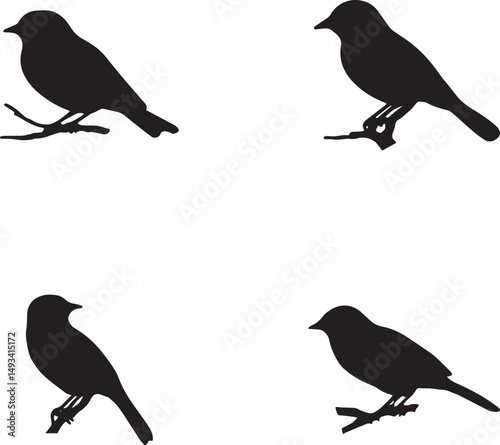 This artwork is digitally enhanced using AI and manually edited for quality. A set of four bird silhouettes perched on tree branches.