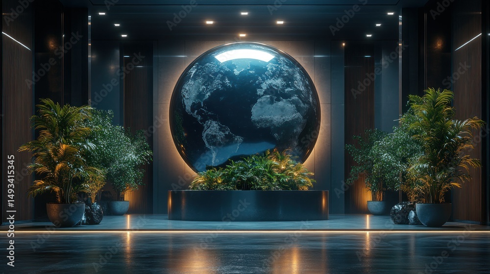 Naklejka premium Modern, futuristic lobby with a large globe, lush plants