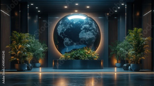 Modern, futuristic lobby with a large globe, lush plants