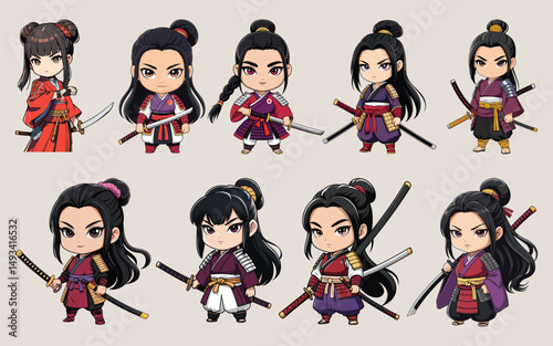 chibi characters bundle female samurai warrior and japanese fighter figures set