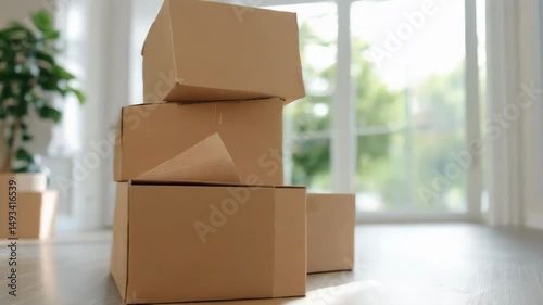 Several cardboard boxes are stacked on polished floor of spacious empty room. The sunlight streams through large windows, illuminating the fresh, airy atmosphere filled with potential.