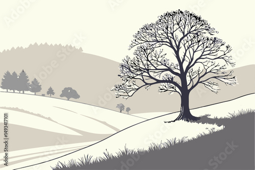  snowy winter landscape, lone tree on top of a hill, minimal color palette, muted tones, serene, tranquil, calming, peaceful, evocative, atmospheric