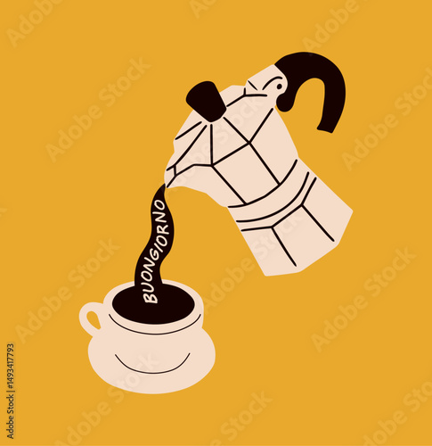 Moka pot pouring coffee in a cup. Illustration of a morning coffee in hand drawn style