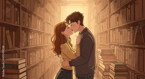 Couple kissing in library surrounded by shelves of books  
