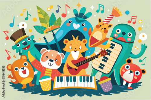 Colorful vector illustration of cheerful animals playing musical instruments in a lively band