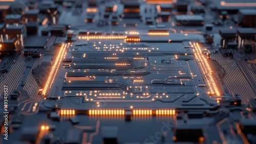 Circuit Board Glow: Intricate details of a circuit board illuminate with warm orange glow, showcasing technological advancement and intricate design. 