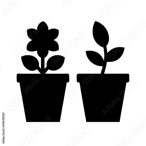 Two flower pots with blooming plants silhouette on transparent background for web and graphic design