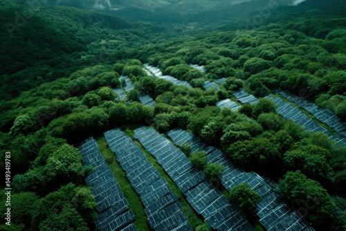An aerial view showcasing solar panels integrated with lush greenery, harmonizing renewable energy and nature, promoting sustainability and environmental consciousness.