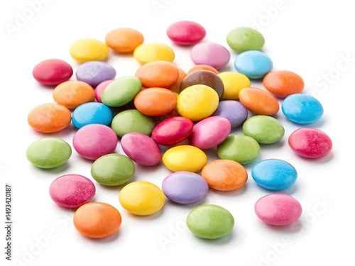 Ultra HD realistic  colourful candy-coated shells, scattered on a white background, studio lighting, high resolution, isolated for commercial use.