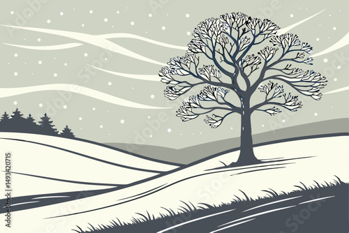  snowy winter landscape, lone tree on top of a hill, minimal color palette, muted tones, serene, tranquil, calming, peaceful, evocative, atmospheric