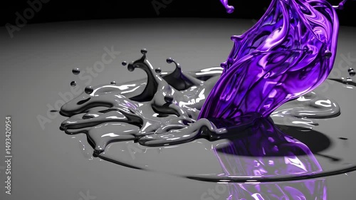 Violet liquid creating crown-like splash pattern, bursting with dynamic energy on smooth gray background, displaying fluid motion and artistic movement