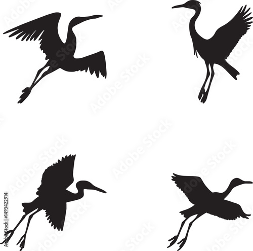 This artwork is digitally enhanced using AI and manually edited for quality.The image shows four black silhouettes of birds in flight, each in a different pose.