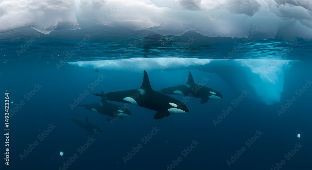 Obraz premium A pod of orcas swimming under icebergs in the deep blue ocean water landscape view