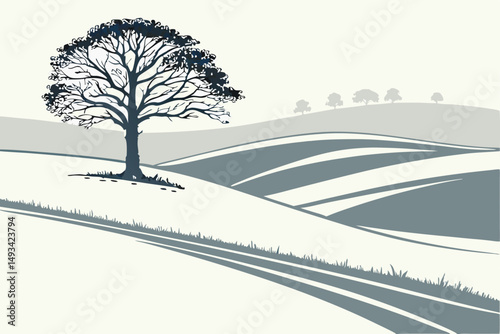  snowy winter landscape, lone tree on top of a hill, minimal color palette, muted tones, serene, tranquil, calming, peaceful, evocative, atmospheric