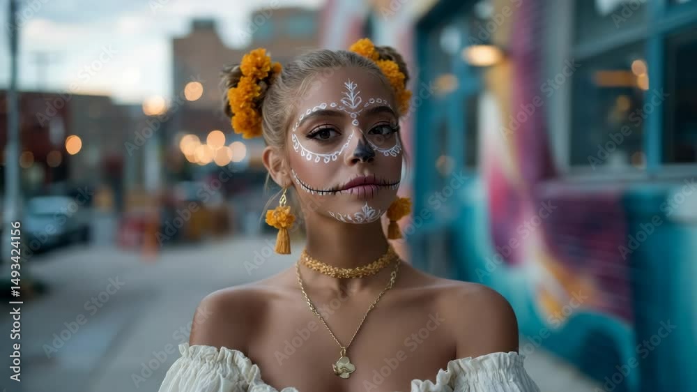 Day of the Dead portrait of woman with calavera face paint and marigold flowers