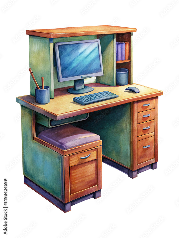 Fototapeta premium Watercolor Illustration of a Home Office Desk with Computer and Drawers