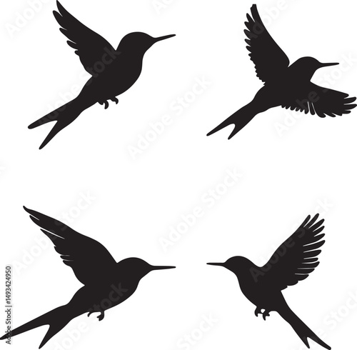 This artwork is digitally enhanced using AI and manually edited for quality. The image shows four black bird silhouettes in various flying poses.