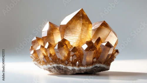 Close-up shot of an individual brown calcite crystal on a light background.