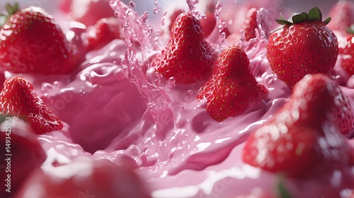 Vibrant strawberry splash in a pink liquid.