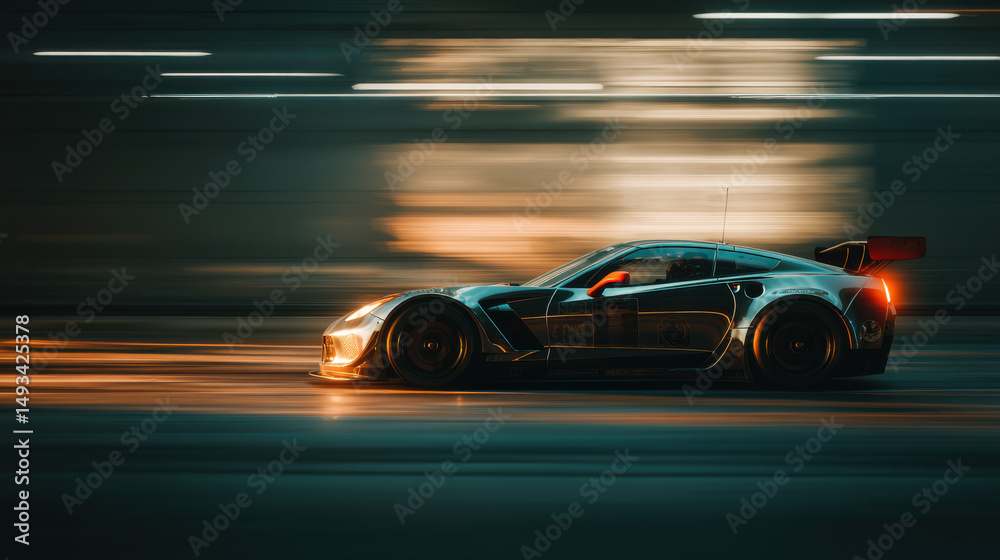 Naklejka premium A dynamic side-profile shot of a carbon fiber racing car speeding under an overpass, casting shadows and streaks of reflected light on its aerodynamic body.