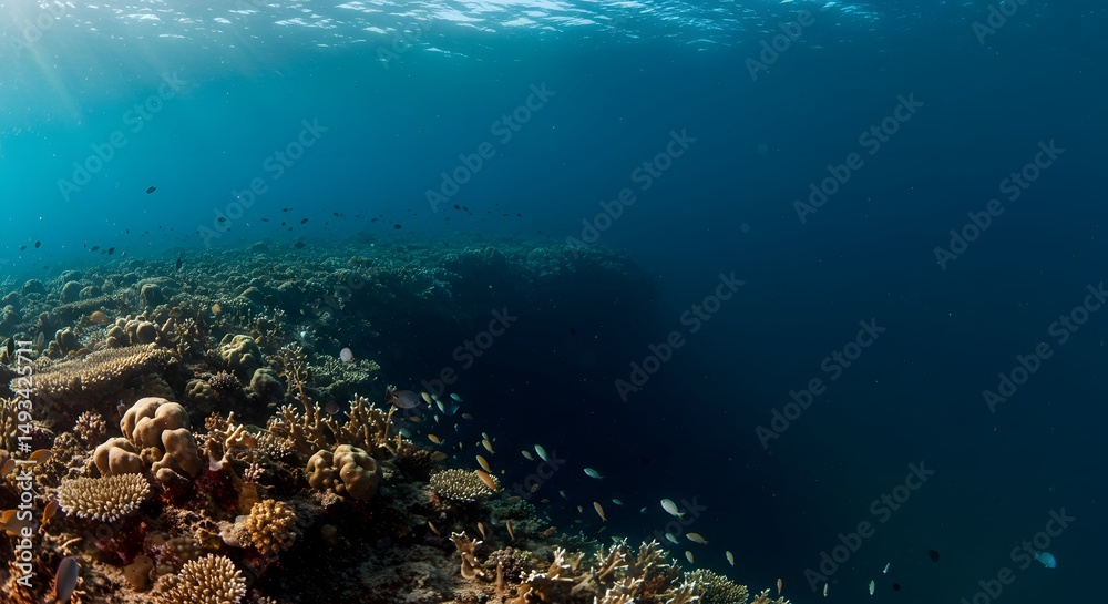 Obraz premium Underwater scene featuring coral reef and schools of fish in clear blue ocean water