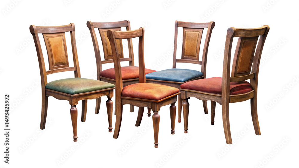 Fototapeta premium Arrangement of Five Distinctive Wooden Chairs with Upholstered Seats Forming a Circle