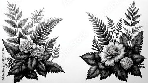 Black and White Floral Illustrations Featuring Leaves and Flowers on a Clean White Background