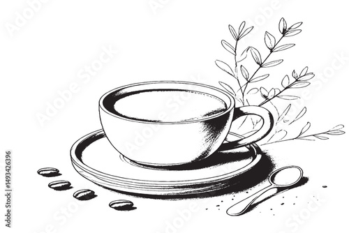 Coffee Cup with Coffee Beans and Eucalyptus