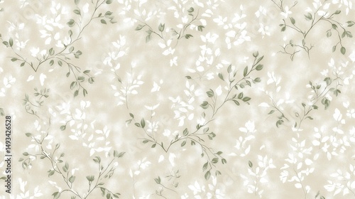 Delicate Floral Pattern with Soft Green Accents on Cream Background for Elegant Decor and Design Projects