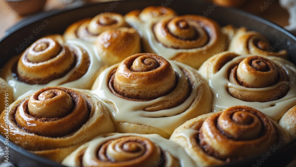 Fototapeta premium A close-up shot of a pan containing warm homemade cinnamon rolls.