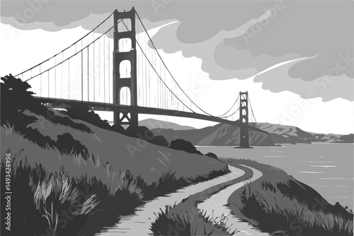  Black and white, dramatic landscape, Golden Gate Bridge, suspension bridge, iconic architecture, tall towers, winding path, tall grass, cloudy sky, urban scenery, moody atmosphere, dramatic lightin