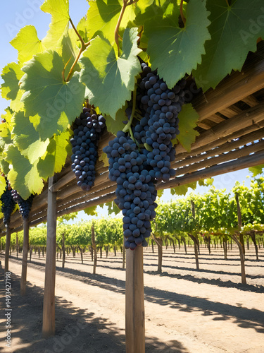 USA, California, Napa Valley, Red Grapes Hanging from Wooden Trellis