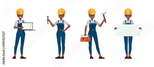 Women construction worker wear blue repairman apron, holding hammer, wrench and laptop. Character vector illustration design set.