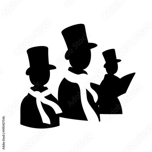 Silhouette of three men wearing top hats and scarves singing Christmas carols