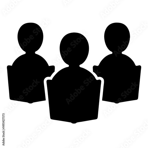 Three shadowy figures seated at desks or tables in a group setting