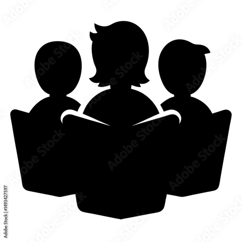 Three people are reading a book together, a simple silhouette drawing