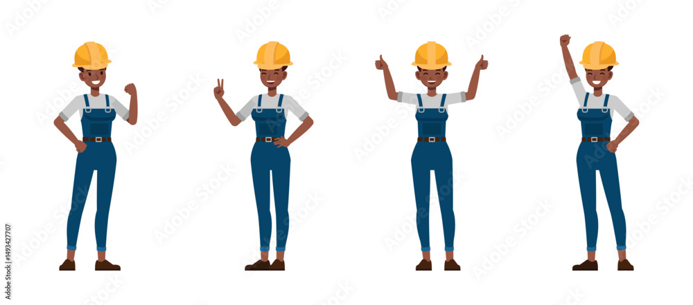 Obraz premium Women construction worker wear blue repairman apron, smile and happy. Character vector illustration design set.