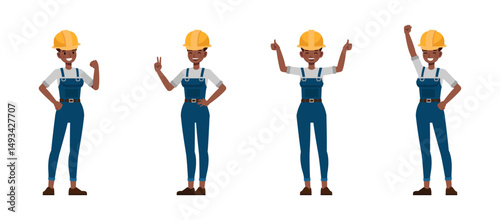 Women construction worker wear blue repairman apron, smile and happy. Character vector illustration design set.