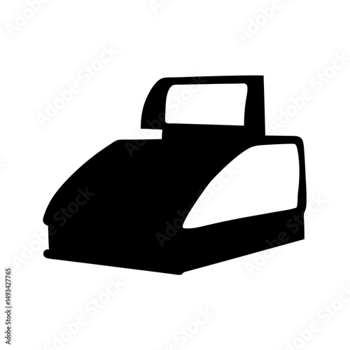 Simplified black silhouette of a cash register against a white background