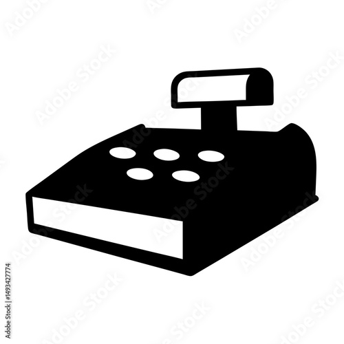 Stylized Black and White Illustration of a Classic Cash Register Machine