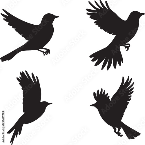 This artwork is digitally enhanced using AI and manually edited for quality. The image shows four black bird silhouettes in various flying poses.