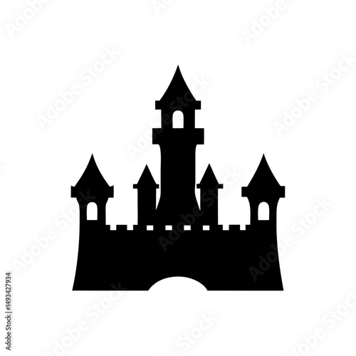 Silhouette of a medieval fantasy castle with towers against a white background