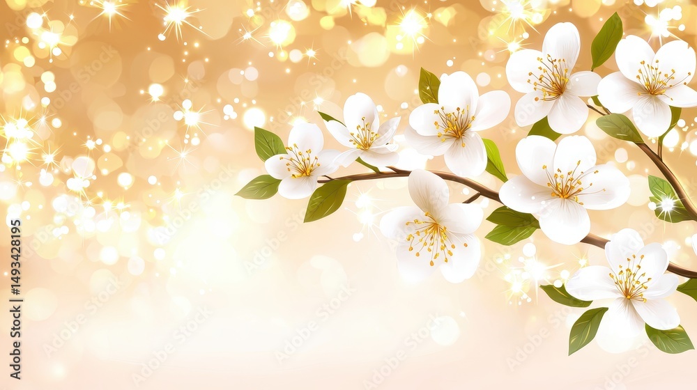 Obraz premium Beautiful White Flowers on Branch with Soft Focus Bokeh Background in Warm Golden Tones