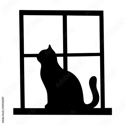 Silhouette of a cat sitting on a windowsill, gazing out the window