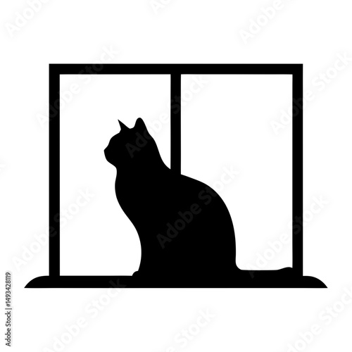 Silhouette of a cat sitting on a window sill looking outside
